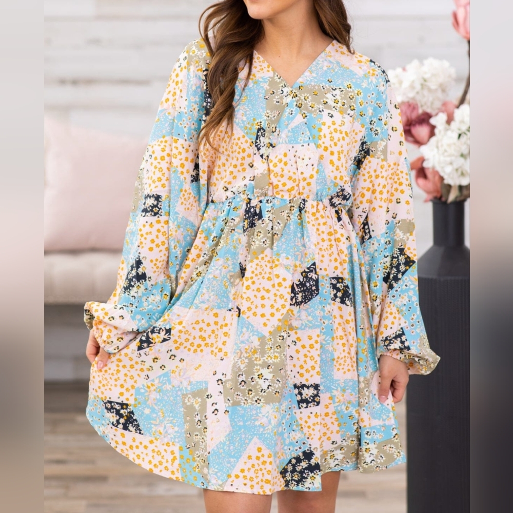 BOGO NWOT Hailey & Co Patchwork Long Bubble Sleeve Dress- Small